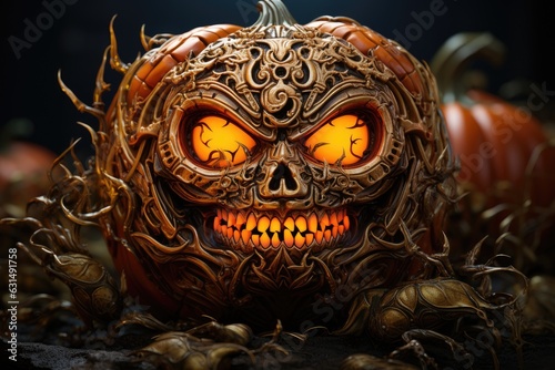 Carved pumpkin with a skull face. Generative AI