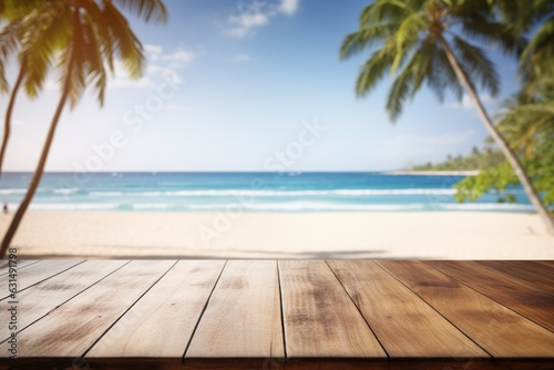 Wooden table top on blurred beach background © Lubos Chlubny