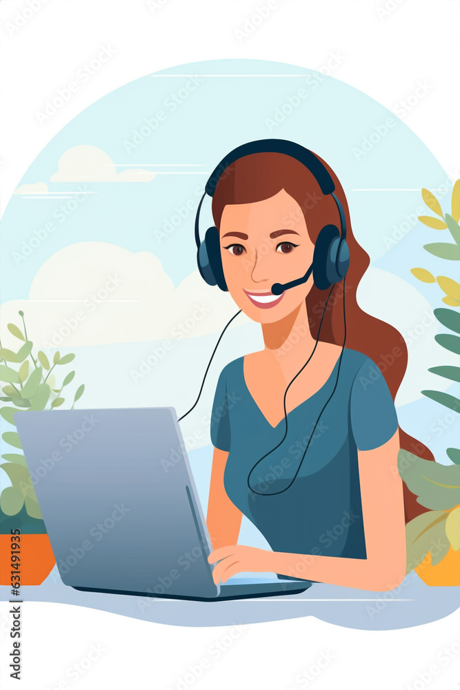 Illustration of happy young woman in front of laptop, call centre agent customer support. High quality photo