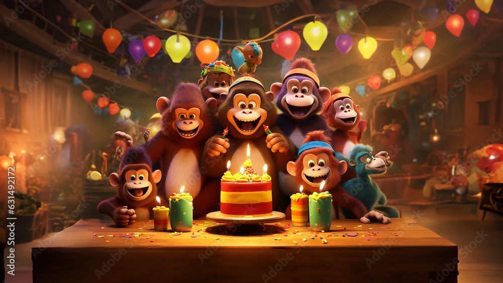 Cartoon lustige Affen zum Geburtstag wünschen viel Glück als Grußkarte