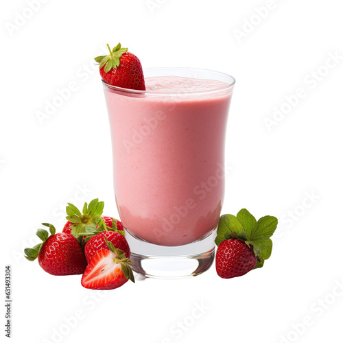 Delicious strawberry smoothie in a glass against a white backround.