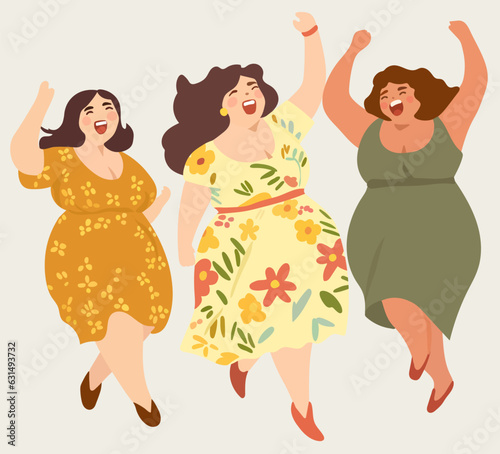 Joyful plump ladies, females in sundresses dancing, savoring life. Embodying no diet day, body positivity, women day, summer vibe, acceptance of extra weight. Vacation mood. Vector.