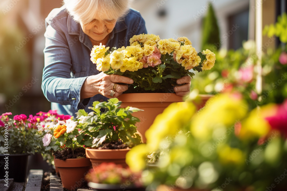 Unrecognizable senior woman gardening on balcony in summer, planting flowers - obrazy, fototapety, plakaty 