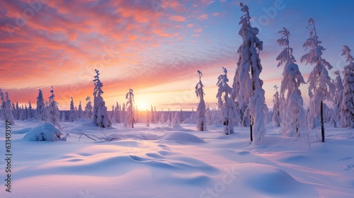 Snowy landscape at sunset, frozen trees in winter in Saariselka, Lapland, Finland Generative AI photo