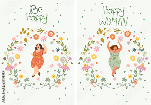 Joyful plump ladies, females in sundresses dancing, flowers around, enjoying life. Embodying no diet day, body love, self acceptance despite extra weight, female freedom, weight positivity. Vector.