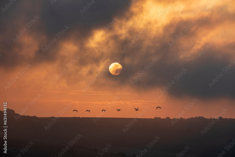 Stunning Summer sunrise from Devil's Dyke in South Downs National Park in English countryside with low lying clouds giving moody feeling Stunning Summer sunrise from Devil's Dyke in South Downs National Park in English countryside with low lying clouds giving moody feeling