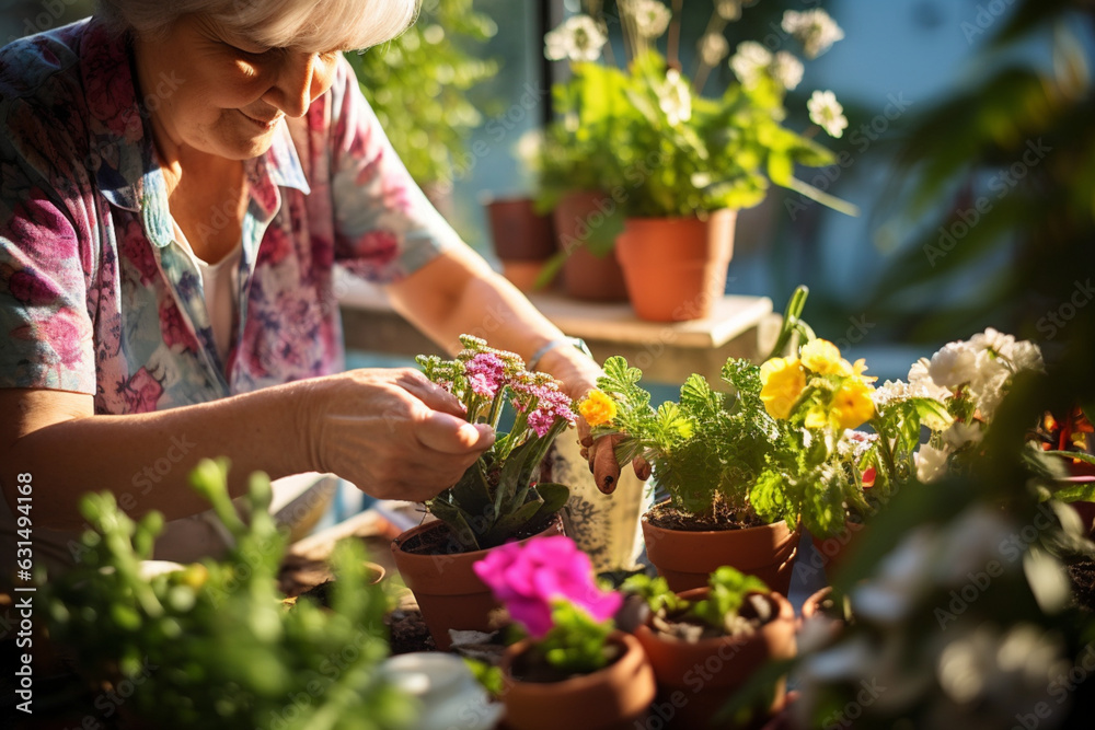 Unrecognizable senior woman gardening on balcony in summer, planting flowers