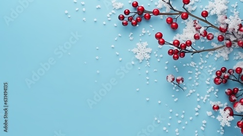 Christmas or winter composition. Snowflakes and red berries on blue background. Christmas, winter, new year concept. Flat lay, top view, copy space Generative AI
