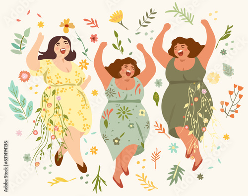 Joyful plump ladies, females in sundresses dancing, flowers around, savoring life. Embodying no diet day, body positivity, women day, summer vibe, acceptance of extra weight. Vacation mood. Vector.