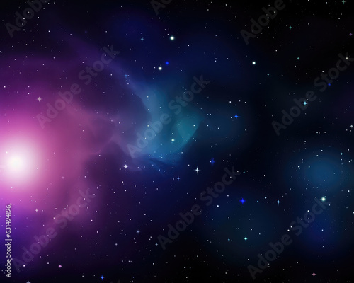 Outer space illustration. Astronomy background with interstellar dust and gas, stars and a bright cosmic source. 