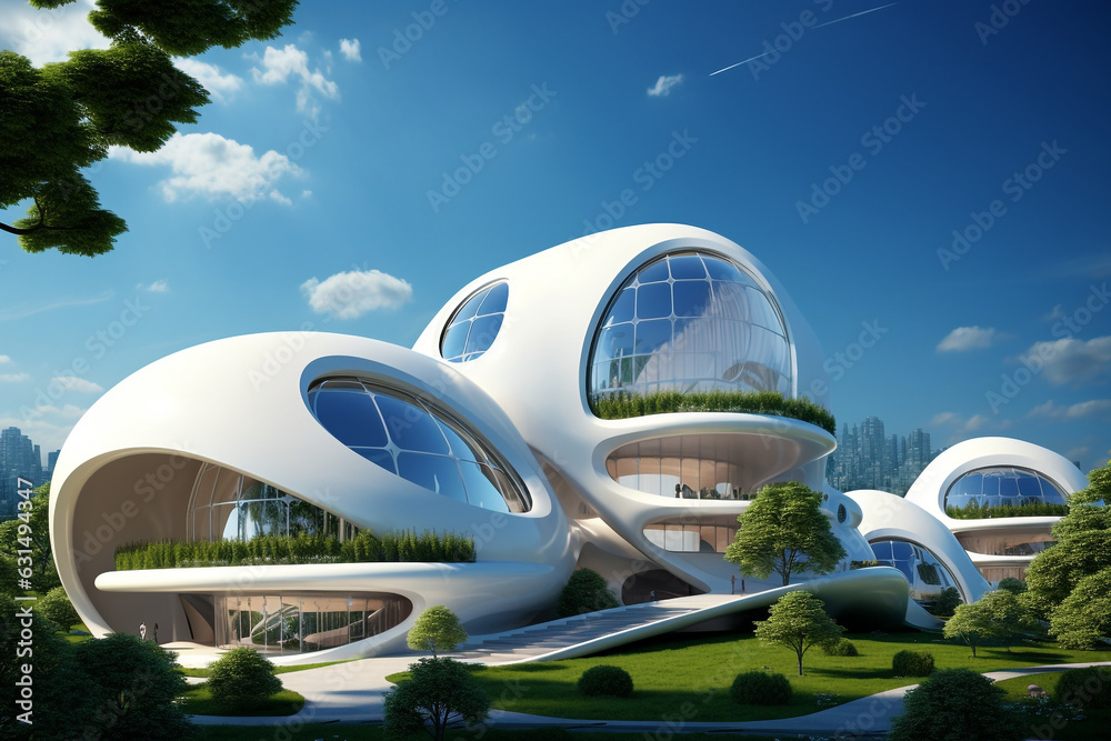 Futuristic architecture, sustainable building design, painted in white. High quality photo