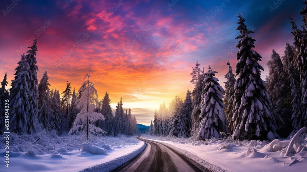 Road leading towards colorful sunrise between snow covered trees with epic milky way on the sky Generative AI
