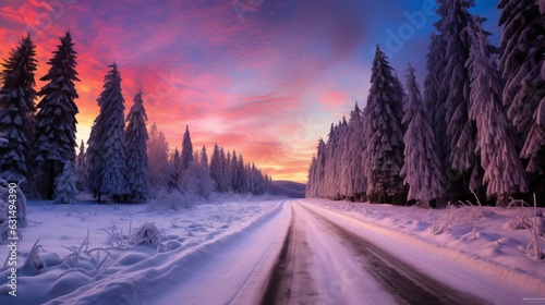 Road leading towards colorful sunrise between snow covered trees with epic milky way on the sky Generative AI