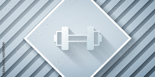 Paper cut Dumbbell icon isolated on grey background. Muscle lifting, fitness barbell, sports equipment. Paper art style. Vector © Vadim