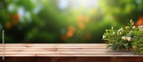 Blank wooden table with blurry outdoor garden background for text marketing promotion. © HN Works