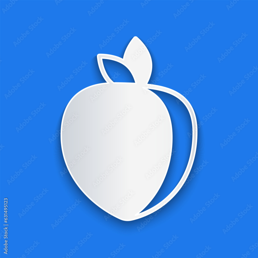 Paper cut Plum fruit icon isolated on blue background. Paper art style. Vector Paper cut Plum fruit icon isolated on blue background. Paper art style. Vector