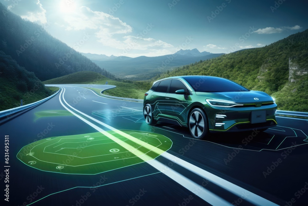 Naklejka premium electric car driving on a smart road