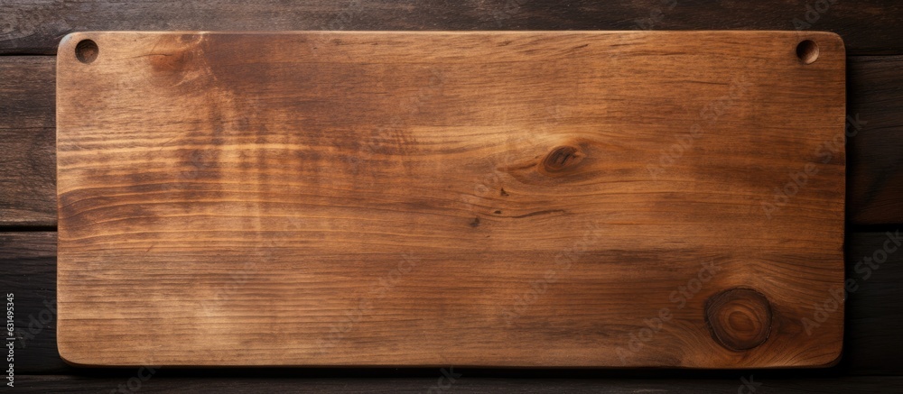 old cutting board on a dark wooden table. The view is from above and space available for copying.