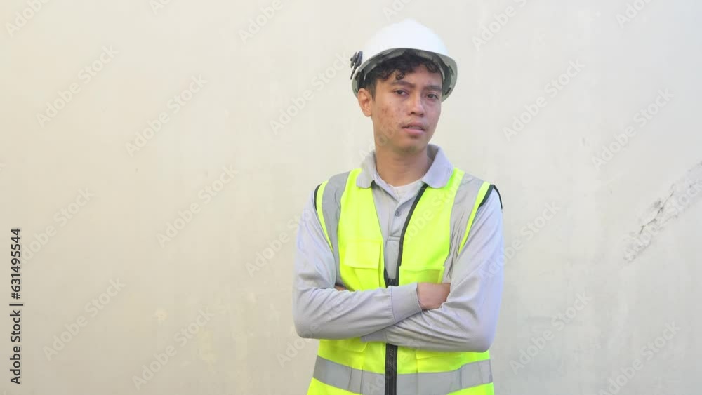 Indonesian worker wear vest and white helmet feel angry. The footage is suitable to use for engineer and safety content media. Indonesian worker wear vest and white helmet feel angry. The footage is suitable to use for engineer and safety content media.