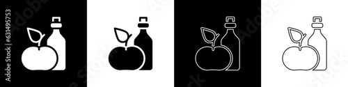 Set Apple cider vinegar in bottle icon isolated on black and white background. Vector