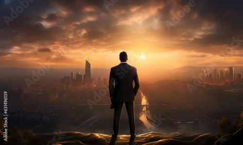 A businessman looks at the city and the sunrise from a height © cherezoff
