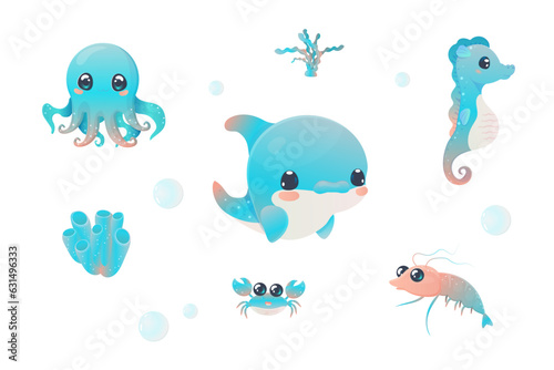  stickers vector illustration sea dwellers creatures illustration