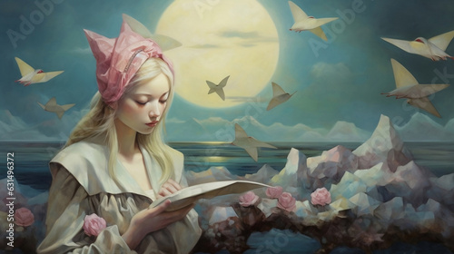 Beautiful woman creator in surreal landscape, Feminity, dreaming, creativity concept