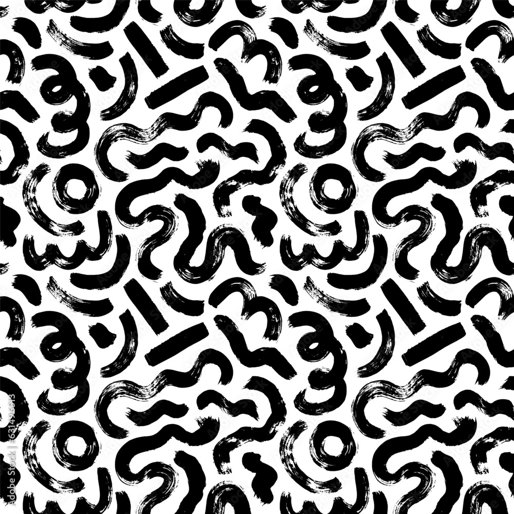Hand drawn seamless pattern with curved lines. Chaotic ink brush scribbles decorative texture. Messy doodles, bold curvy lines ornament. Brush drawn abstract vector shapes. Dashes and stripes.