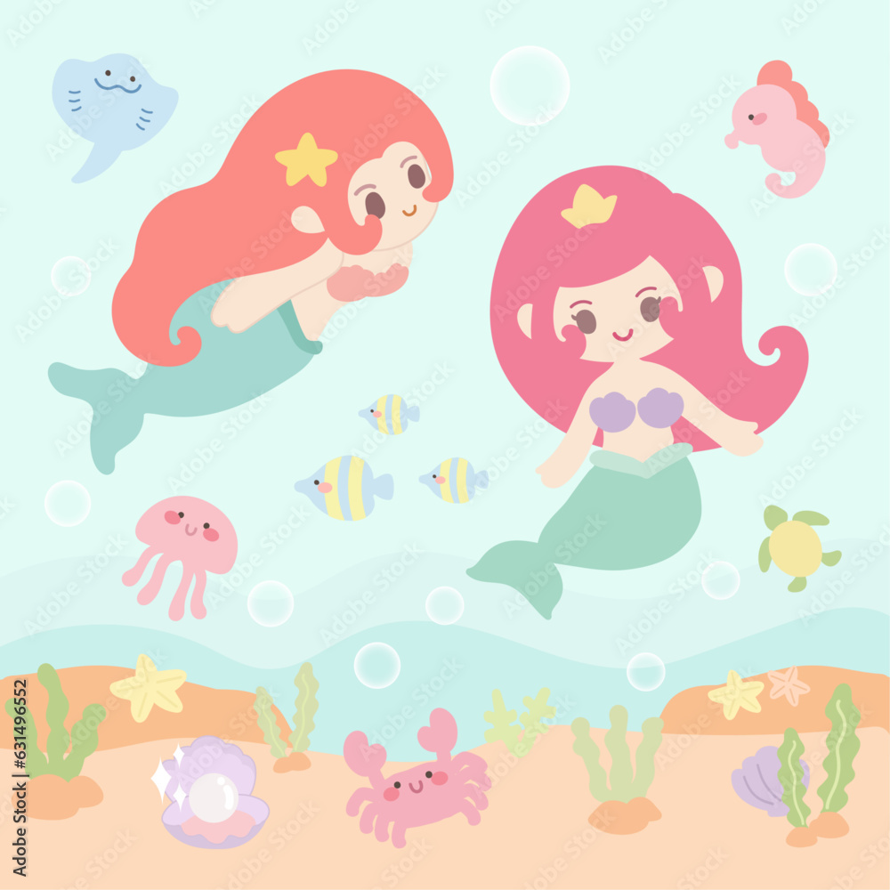 Fototapeta premium Cute set Little mermaid and underwater world.Set of cute mermaids and sea nature.