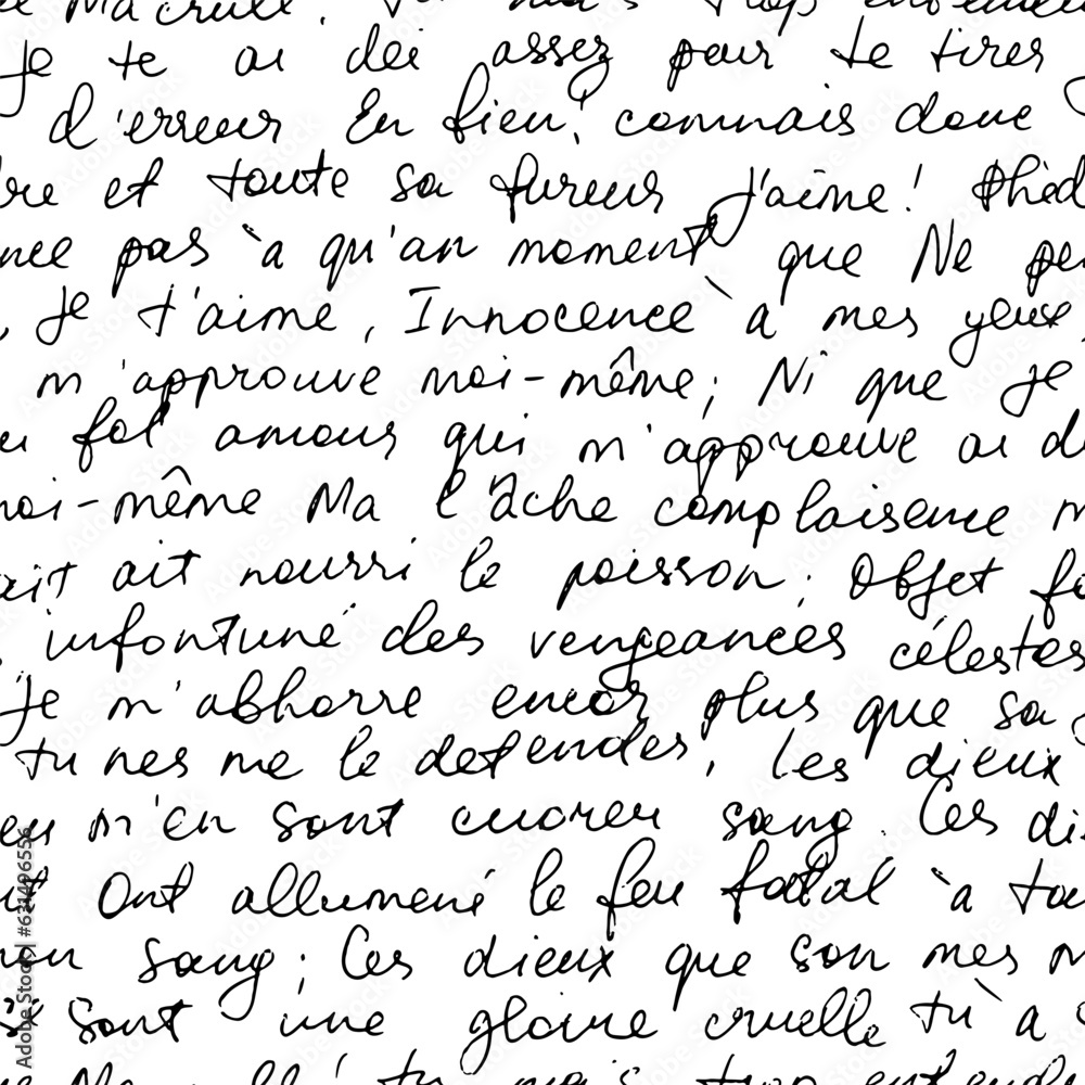 Seamless abstract french text pattern. Vector wallpaper with old pen writing. Illegible ink-written poetry. Ornament with handwritten simple calligraphy. Unreadable french letter, cursive text.