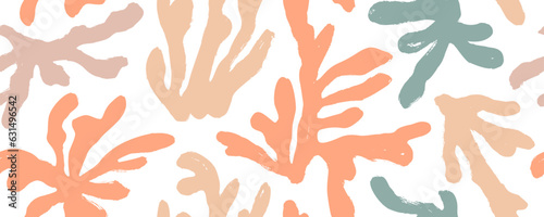 Organic coral shapes seamless pattern. Nautical wallpaper with neutral colored corals. Matisse inspired contemporary banner. Hand drawn vector abstract plant pattern. Leaves in Matisse style.