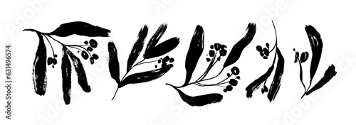 Abstract branch with berries silhouettes collection. Hand drawn plants in sketch style with grunge dry brush texture. Twig and foliage silhouettes. Vintage nature illustration isolated on white.