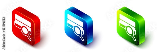 Isometric Agricultural soil test and results icon isolated on white background. Digital soil analysis. Red, blue and green square button. Vector