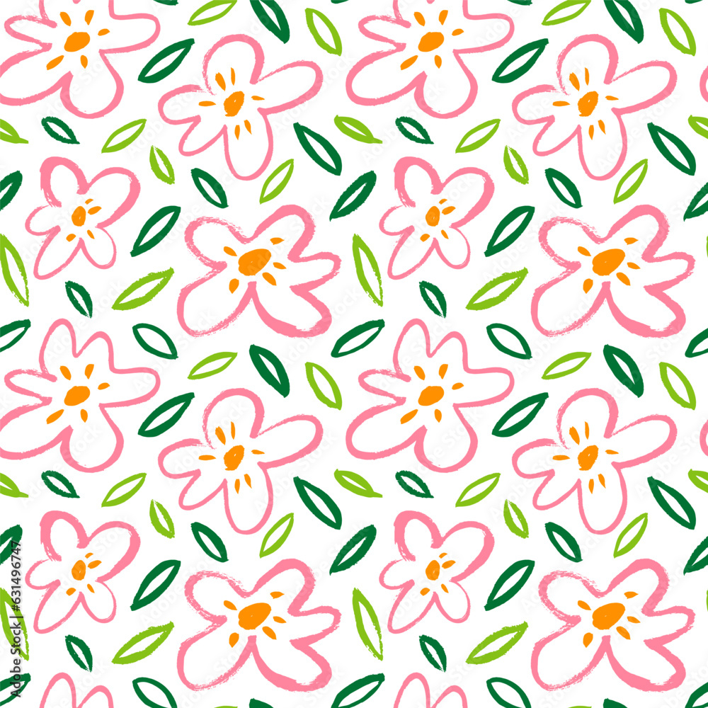Brush drawn multi colored daisy flowers seamless pattern. Naive or primitive style of chamomiles, children colorful drawing. Simple flowers with leaves. Primitive peonies vector silhouettes. Brush drawn multi colored daisy flowers seamless pattern. Naive or primitive style of chamomiles, children colorful drawing. Simple flowers with leaves. Primitive peonies vector silhouettes.
