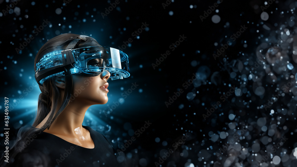 Fashion Frau Gesicht mit 3d Brille Virtuell VR Brille für Meta World Nahaufnahme, ai generativ Fashion Frau Gesicht mit 3d Brille Virtuell VR Brille für Meta World Nahaufnahme, ai generativ