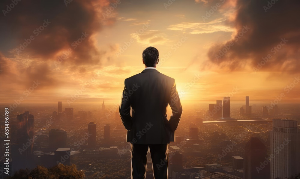 A businessman looks at the city and the sunrise from a height