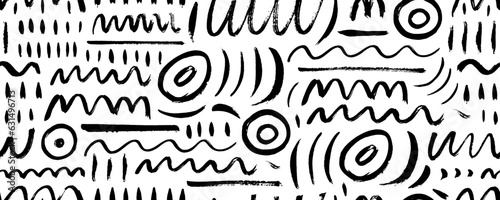 Various doodle lines seamless pattern. Childish style creative art background. Squiggles  circles  dots and daubs. Simple childish scribble wallpaper texture. Expressive abstract vector background.