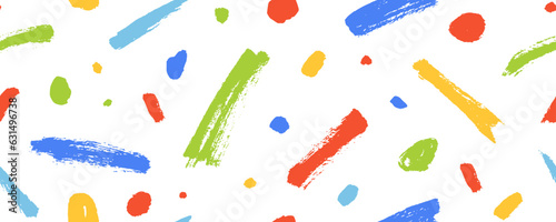 Multi colored fun doodle lines and dots seamless pattern. Creative minimalist style childish banner background. Straight short brush strokes and dots ornament. Vector festive celebration simple design