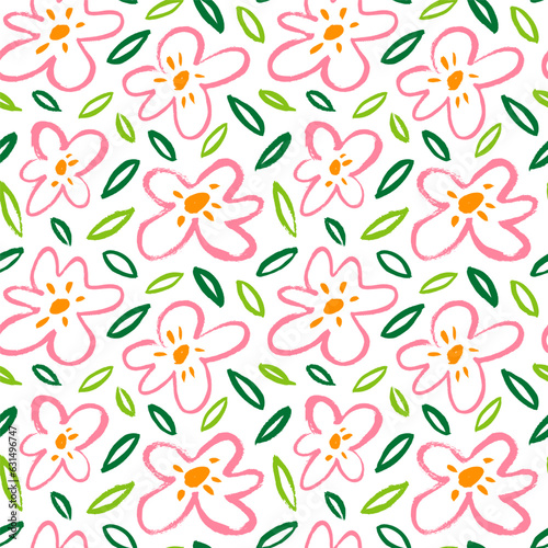 Brush drawn multi colored daisy flowers seamless pattern. Naive or primitive style of chamomiles, children colorful drawing. Simple flowers with leaves. Primitive peonies vector silhouettes.