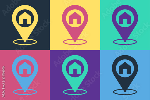 Pop art Map pointer with house icon isolated on color background. Home location marker symbol. Vector