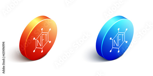 Isometric NFT blockchain technology icon isolated on white background. Non fungible token. Digital crypto art concept. Orange and blue circle button. Vector