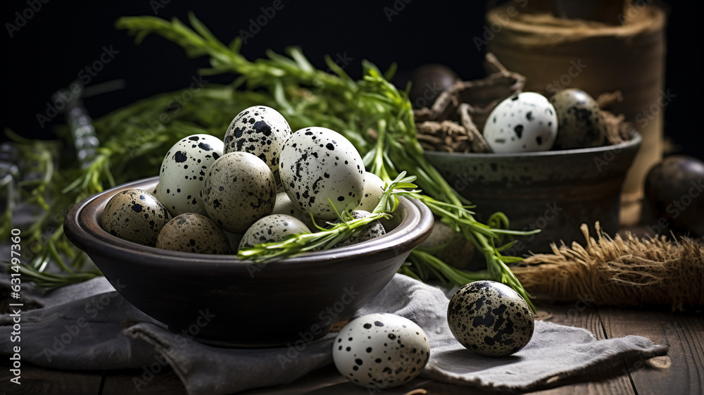 Quail eggs on the table rustic on dar background in rural agriculture harvest atmosphere with copy space text banner. Quail eggs on the table rustic on dar background in rural agriculture harvest atmosphere with copy space text banner.