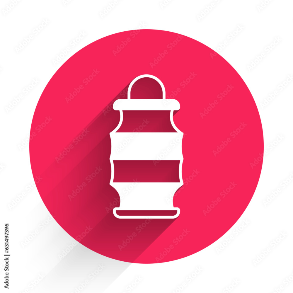 White Chinese paper lantern icon isolated with long shadow background. Red circle button. Vector White Chinese paper lantern icon isolated with long shadow background. Red circle button. Vector