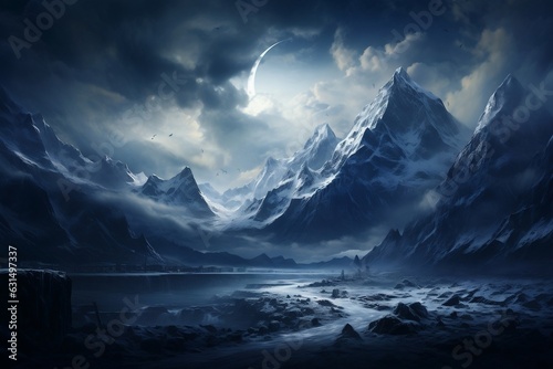 Snowy Mountain Range Under Night Sky. Generative AI