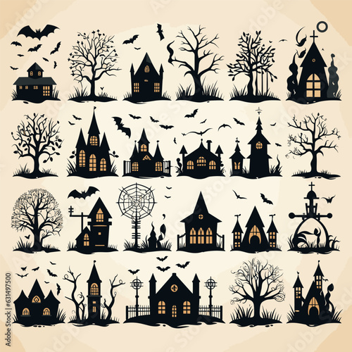 Set of scary old house, halloween holiday, sticker, icon