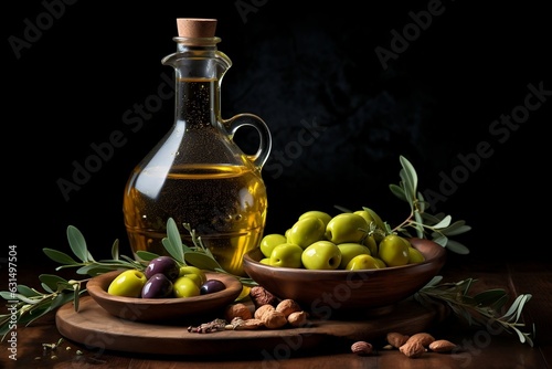 Olive Oil Bottle with Olives and Leaves. Generative AI