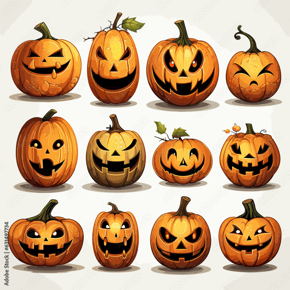 set of cute pumpkins with faces and various expressions, isolated on white background, halloween, icon, sticker set of cute pumpkins with faces and various expressions, isolated on white background, halloween, icon, sticker