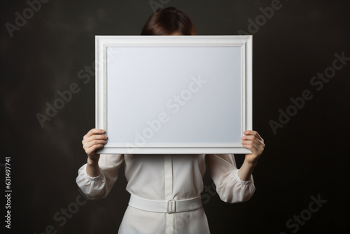 Unrecognizable woman holding empty picture frame, studio shot