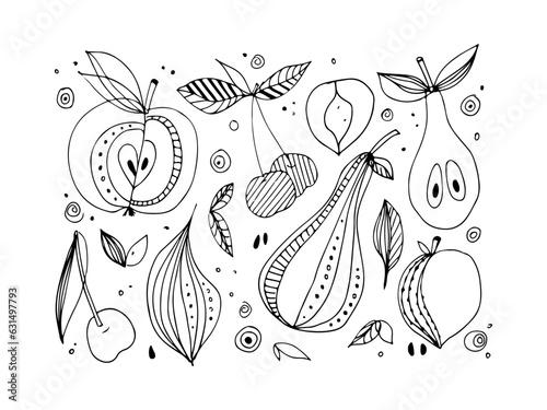Fruits and berries. Abstract Decorative Fresh Natural organic food for logo, menu, banner, farm product, market label, vegetarian shop, card and invitation, summer parties. Ingredients for cooking
