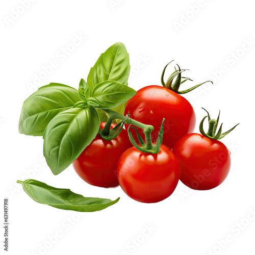 Cherry tomatoes and basil on white backround.